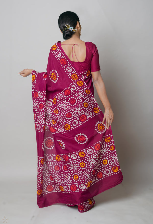Maroon Pure  Hand Block Wax Batik Printed Soft Silk Saree-UNM74187