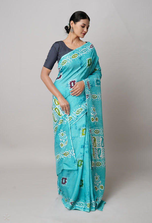 Turquoise Blue Pure  Hand Block Wax Batik Printed Soft Silk Saree-UNM74188