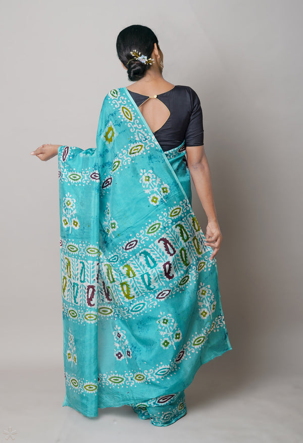 Turquoise Blue Pure  Hand Block Wax Batik Printed Soft Silk Saree-UNM74188