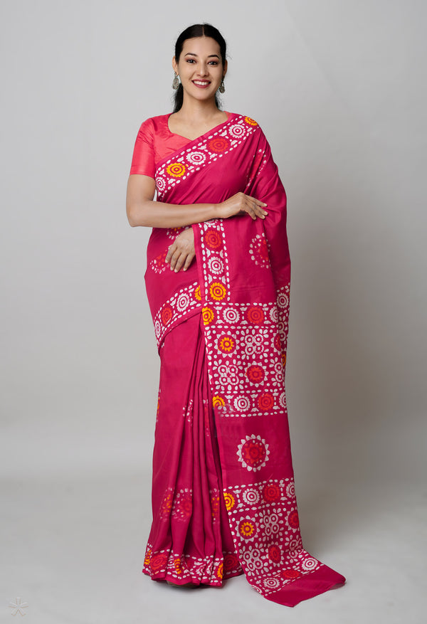 Red Pure  Hand Block Wax Batik Printed Soft Silk Saree-UNM74189