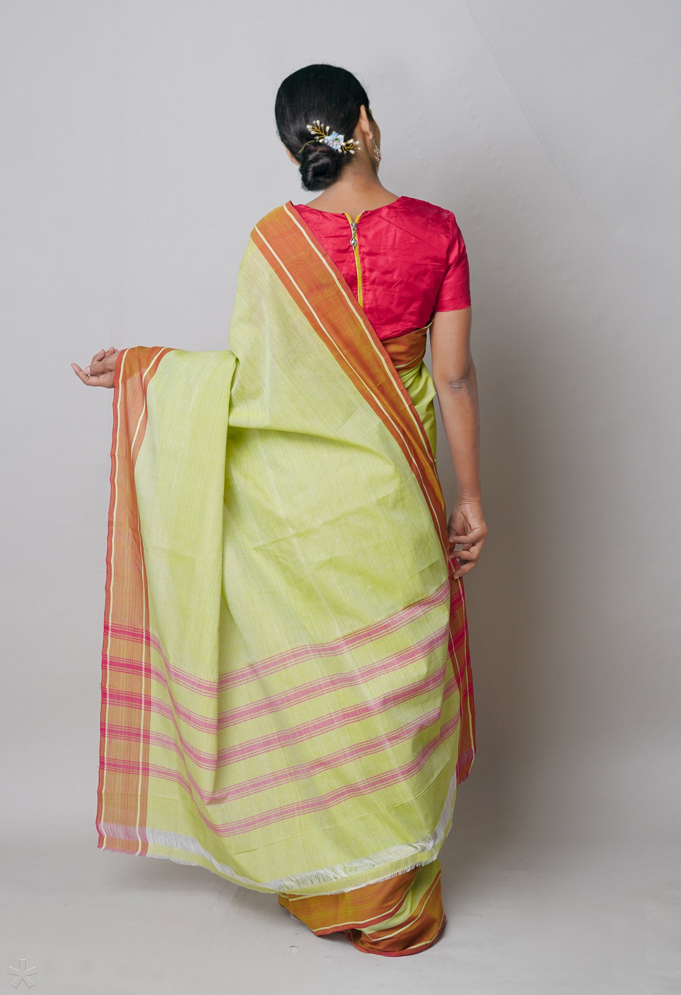 Pale Green-Red Pure Andhra Handloom Cotton Saree