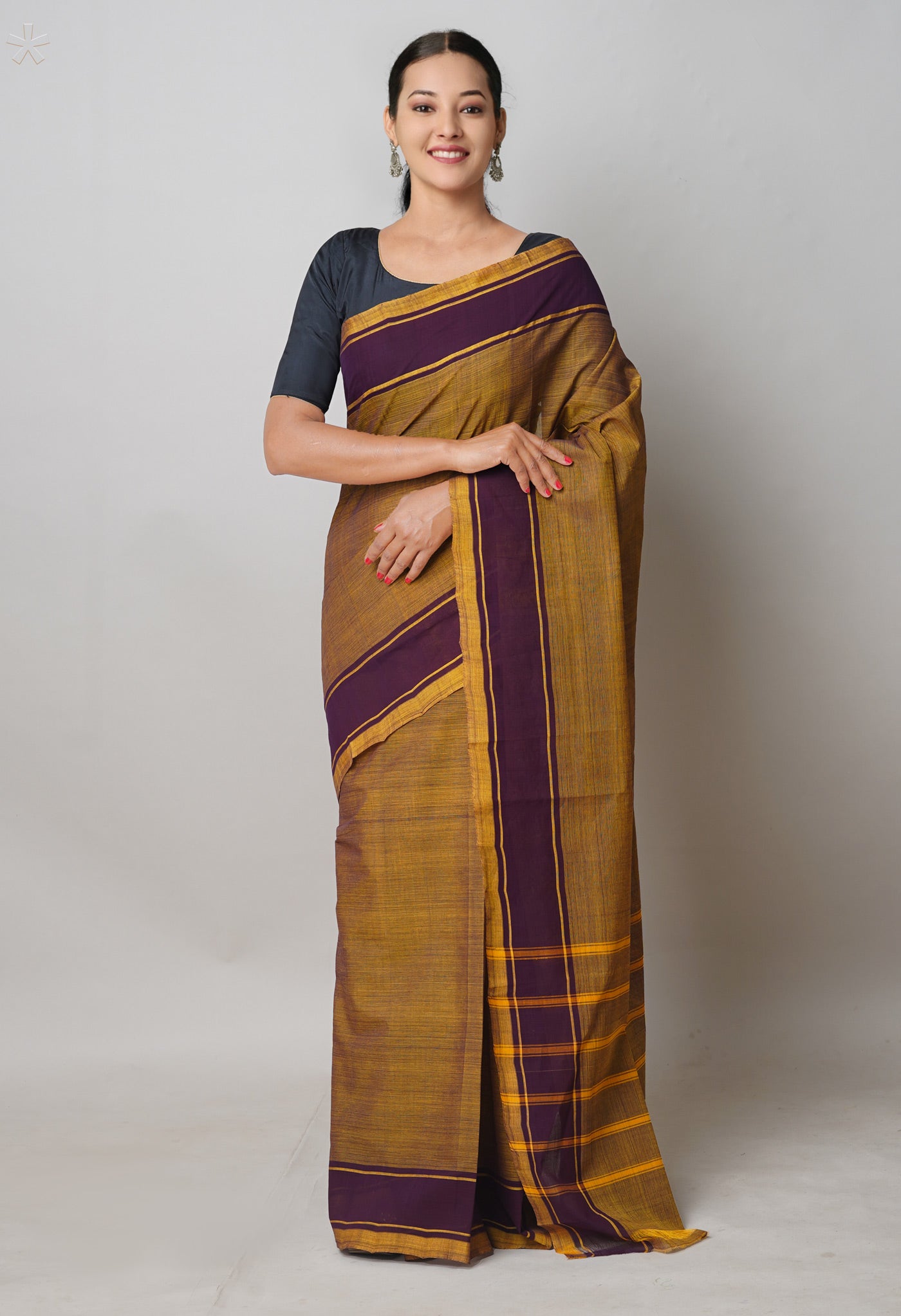 Yellow-Dark Purple Pure Andhra Handloom Cotton Saree