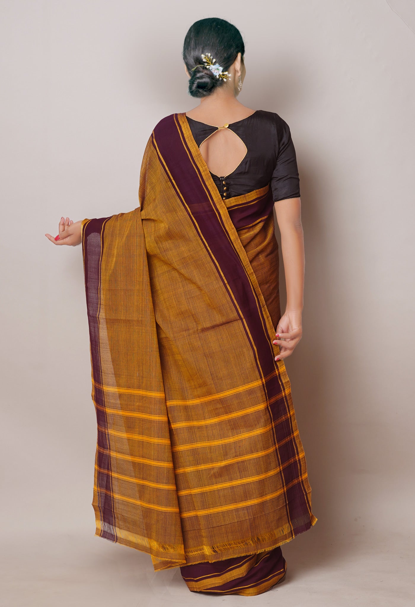 Yellow-Dark Purple Pure Andhra Handloom Cotton Saree