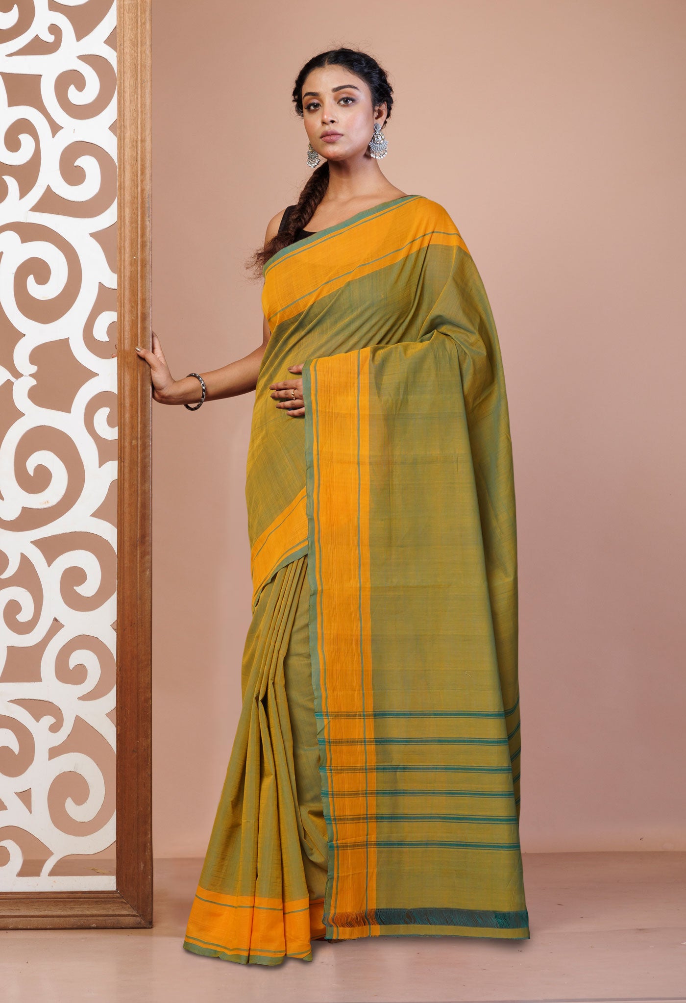Green-Yellow Pure Andhra Handloom Cotton Saree-UNM74216
