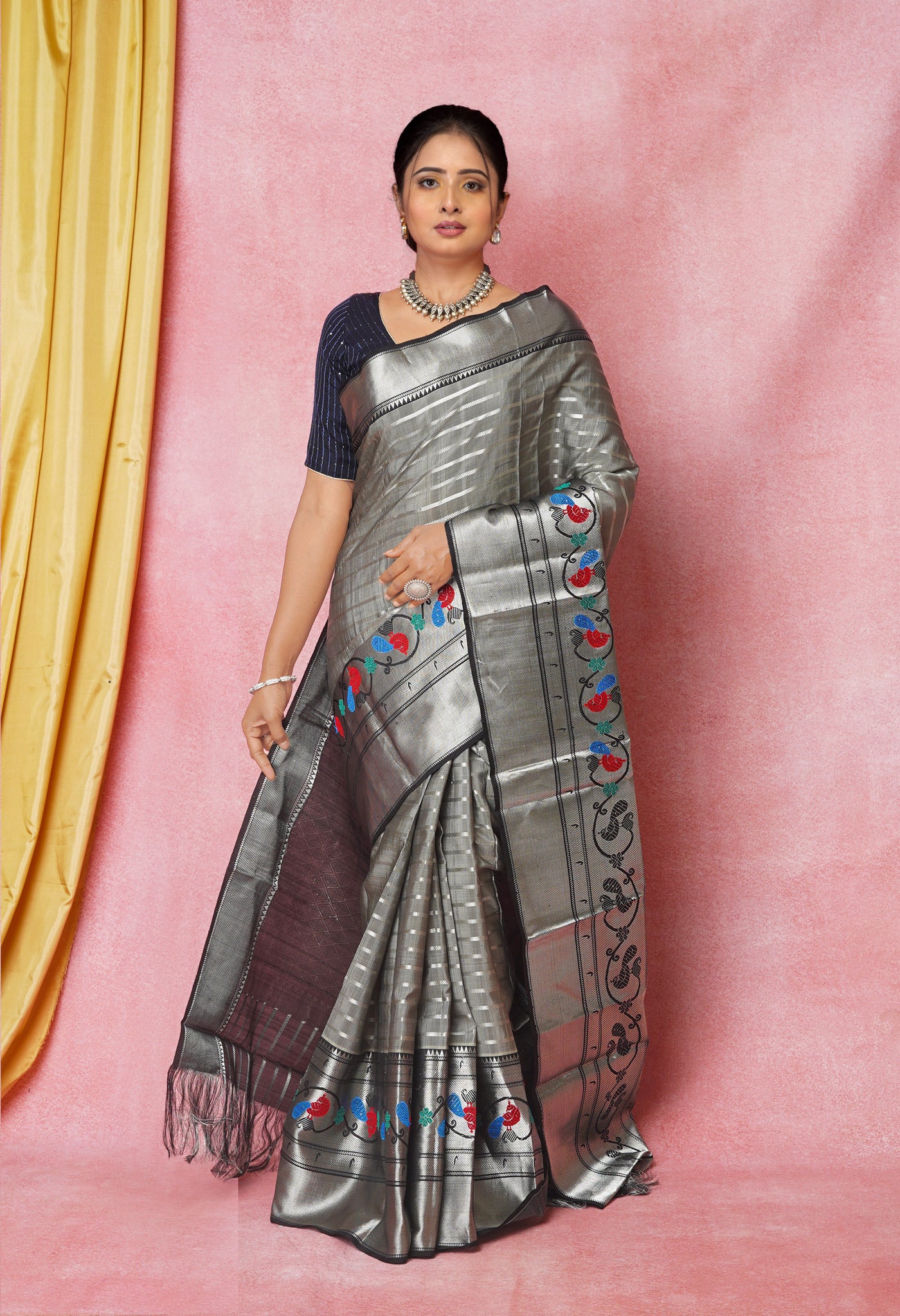 Grey-Black Pure Handloom Assam Silk Saree
