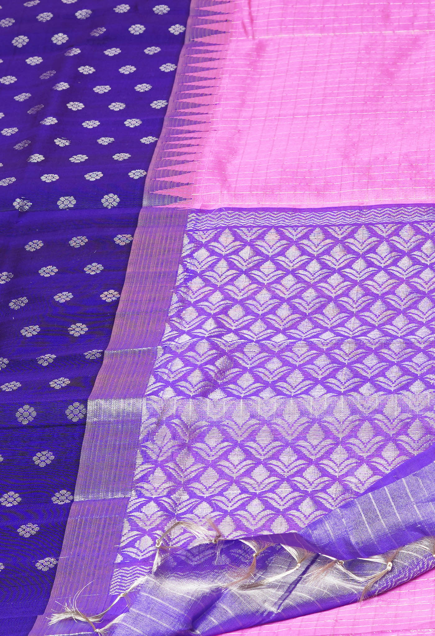 Pink-Navy Blue Pure Handloom Assam With Silver Zari Weaving checks Silk Saree-UNM74229