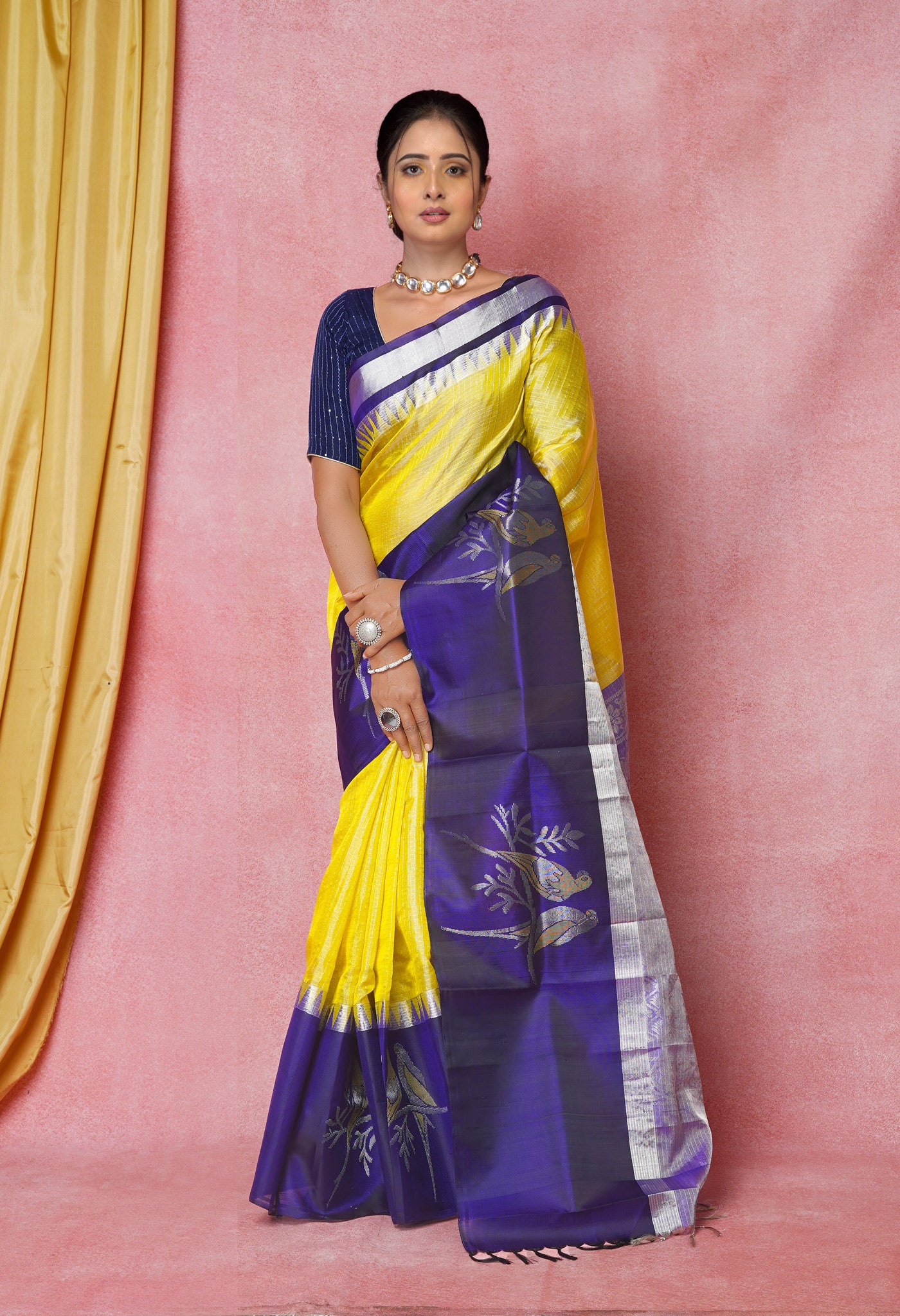 Yellow-Navy Blue Pure Handloom Assam With Silver Zari Weaving checks Silk Saree-UNM74230