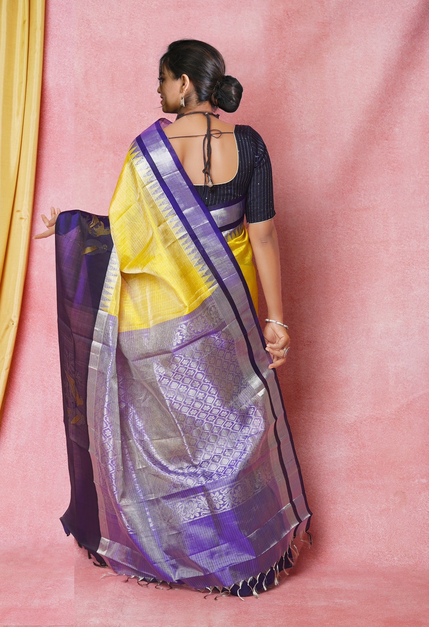 Yellow-Navy Blue Pure Handloom Assam With Silver Zari Weaving checks Silk Saree-UNM74230