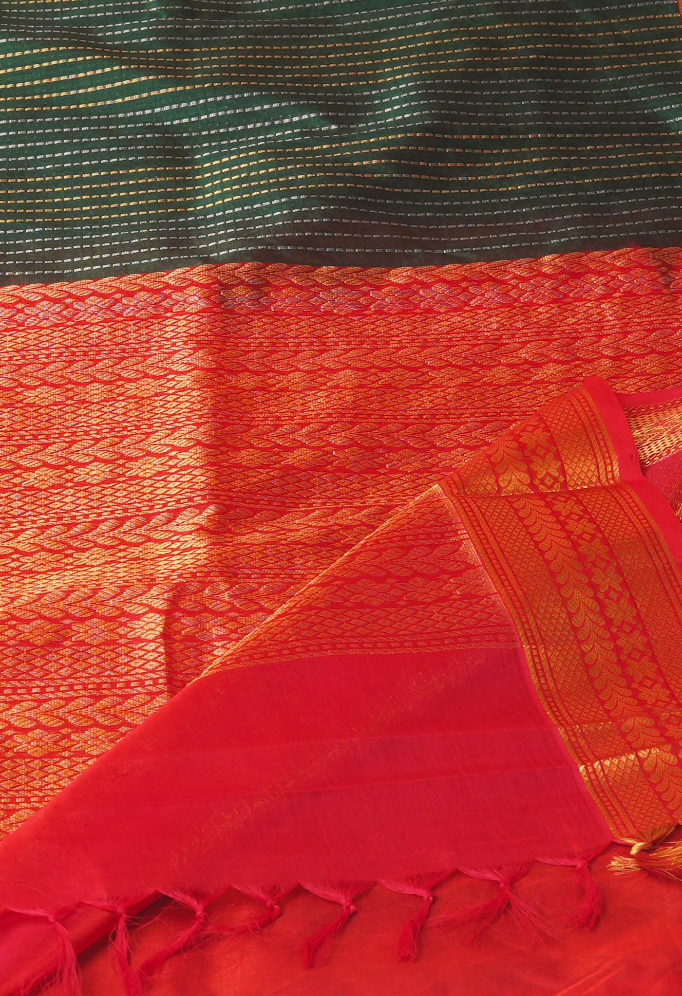 Dark Green-Red Pure Handloom Assam Silk Saree-UNM74232