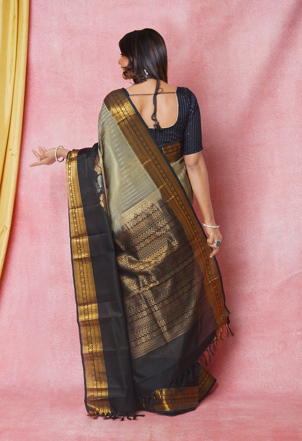 Grey-Black Pure Handloom Assam Silk Saree-UNM74233