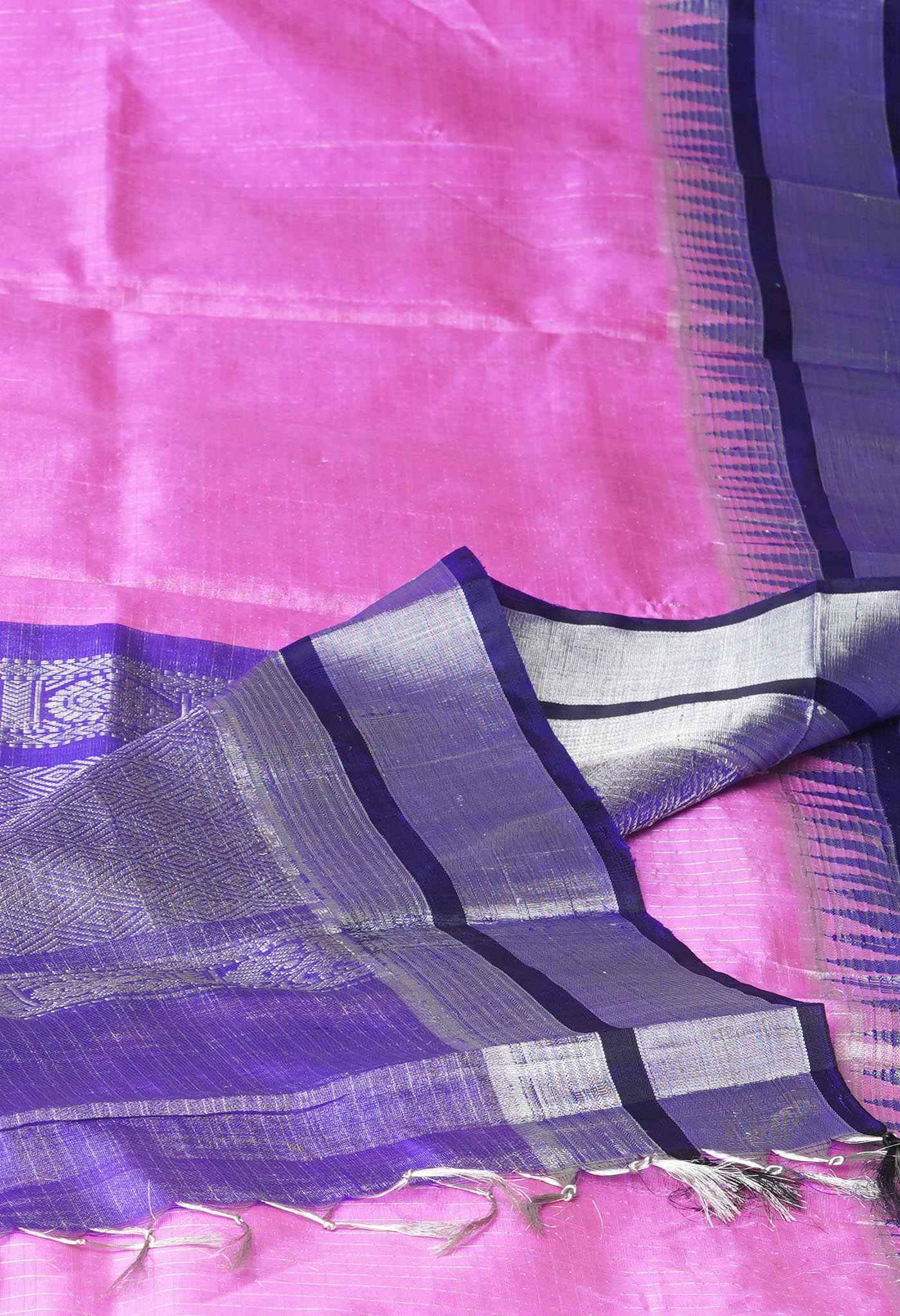 Pink-Navy Blue Pure Handloom Assam With Zari Weaving checks Silk Saree-UNM74237