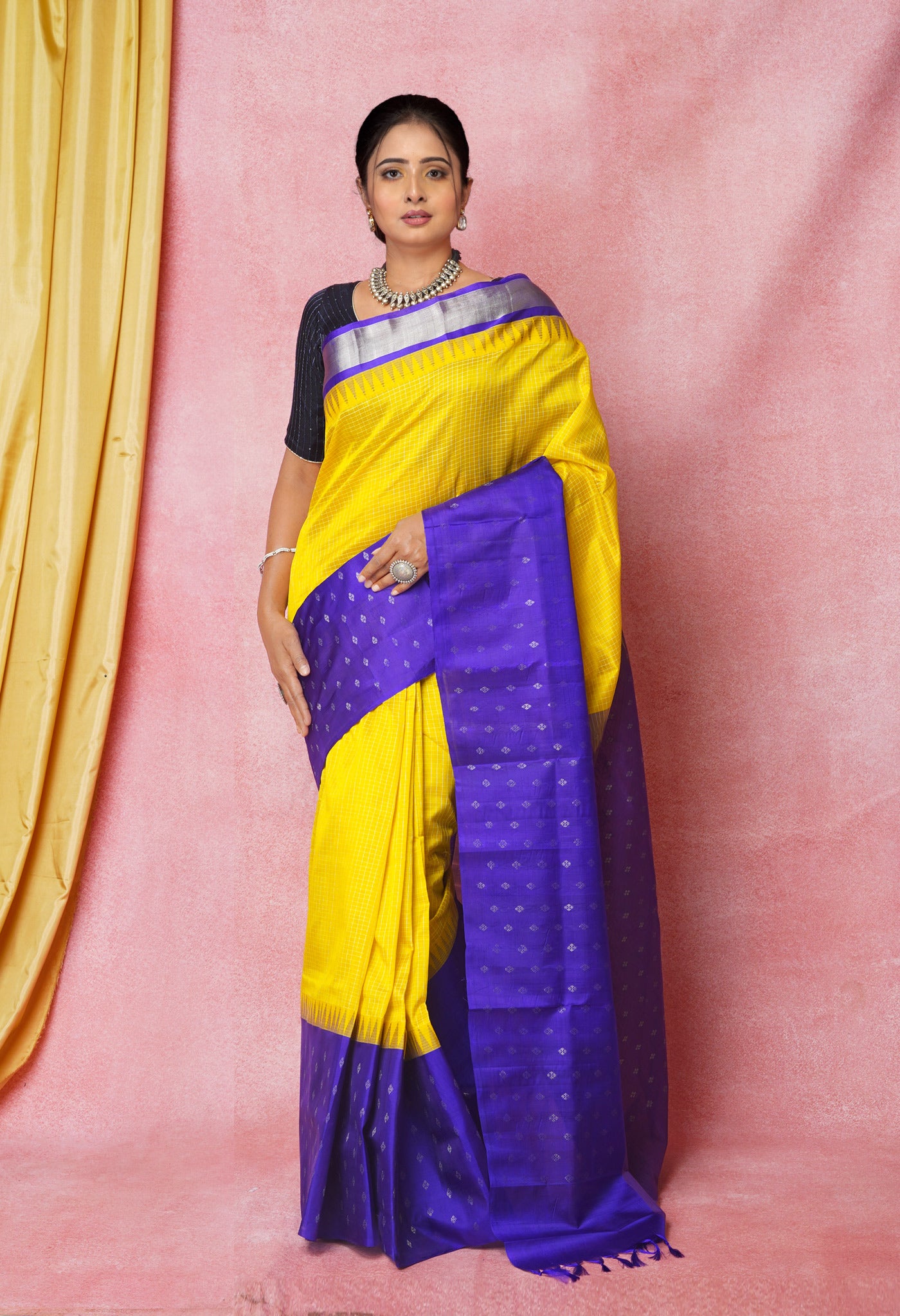 Yellow-Dark Blue Pure Handloom Kanjivaram Silk Saree