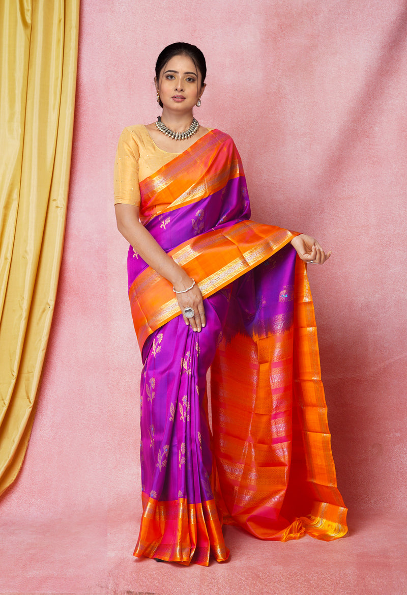 Violet -Orange Pure Handloom Kanjivaram Silk Saree-UNM74247