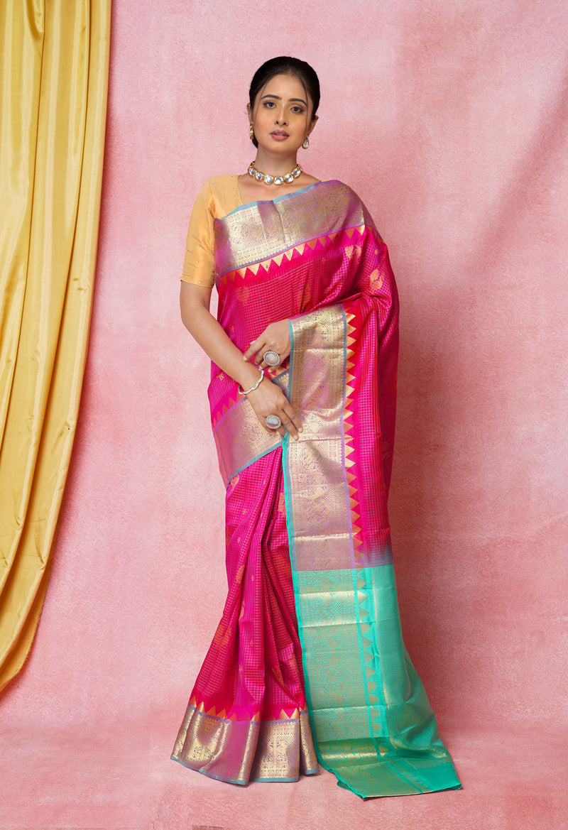 Pink-Turquoise Blue Pure Handloom Kanjivaram With Checks Weaving Silk Saree-UNM74250