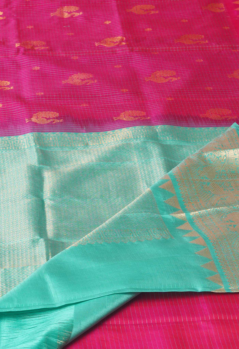 Pink-Turquoise Blue Pure Handloom Kanjivaram With Checks Weaving Silk Saree-UNM74250