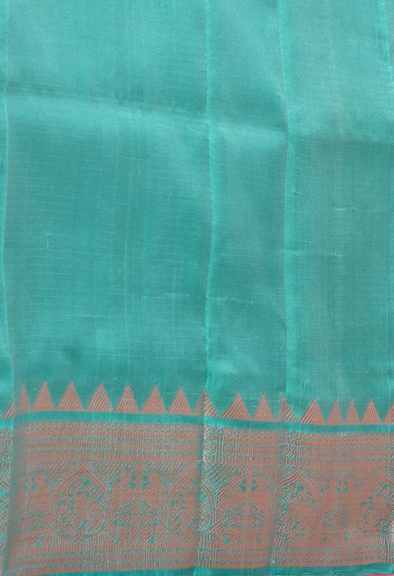 Pink-Turquoise Blue Pure Handloom Kanjivaram With Checks Weaving Silk Saree-UNM74250