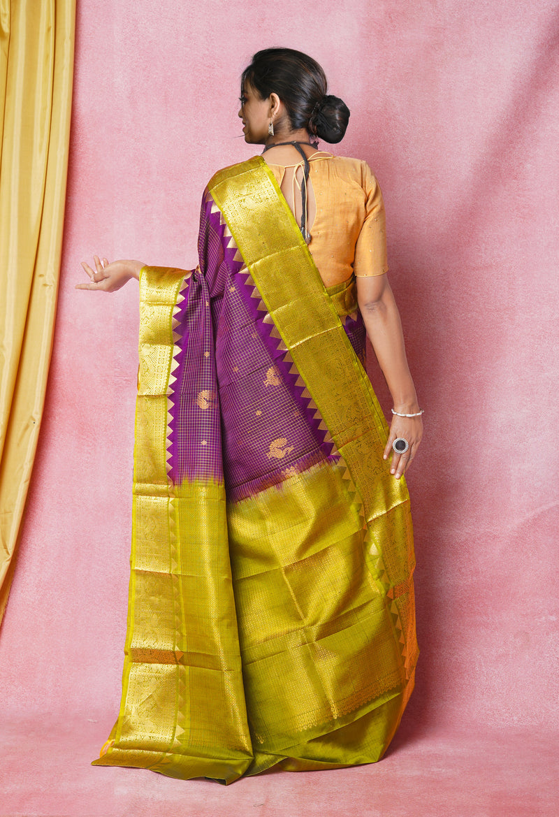 Violet -Green Pure Handloom Kanjivaram With Checks Weaving Silk Saree-UNM74251