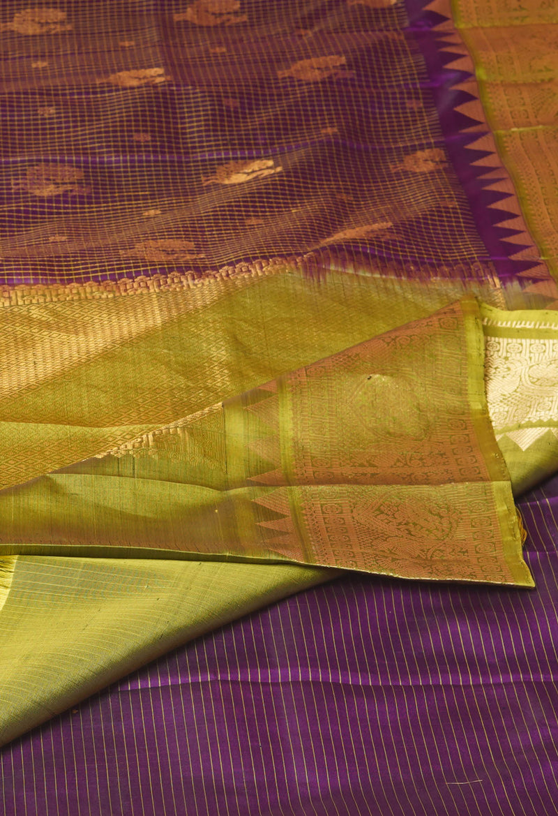 Violet -Green Pure Handloom Kanjivaram With Checks Weaving Silk Saree-UNM74251
