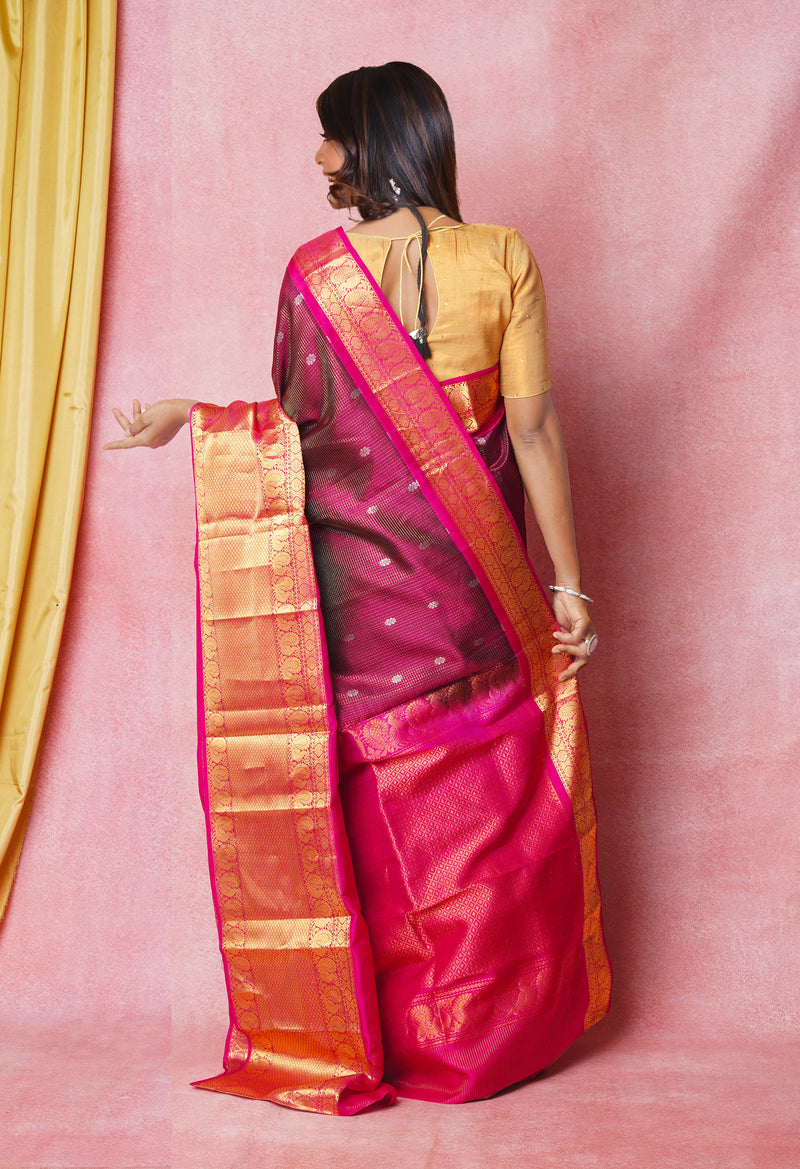 Purple-Pink Pure Handloom Kanjivaram With Checks Weaving Silk Saree-UNM74253