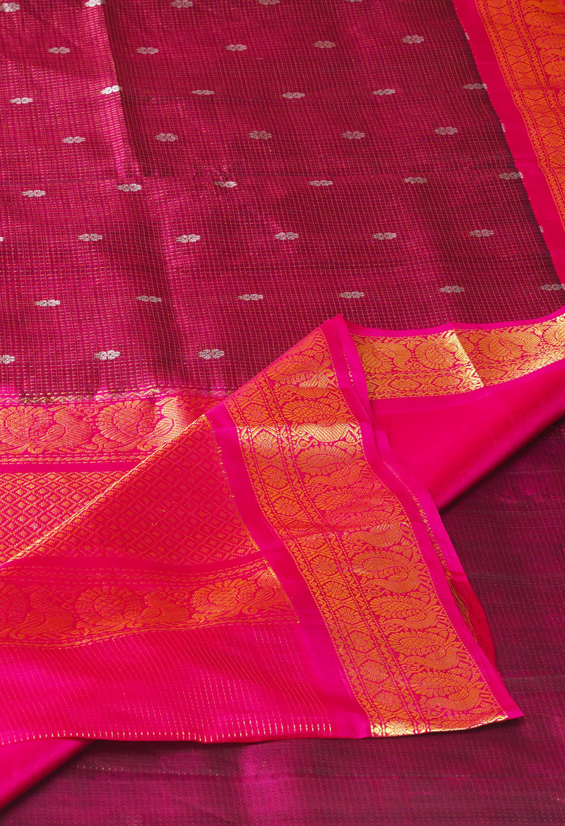 Purple-Pink Pure Handloom Kanjivaram With Checks Weaving Silk Saree-UNM74253