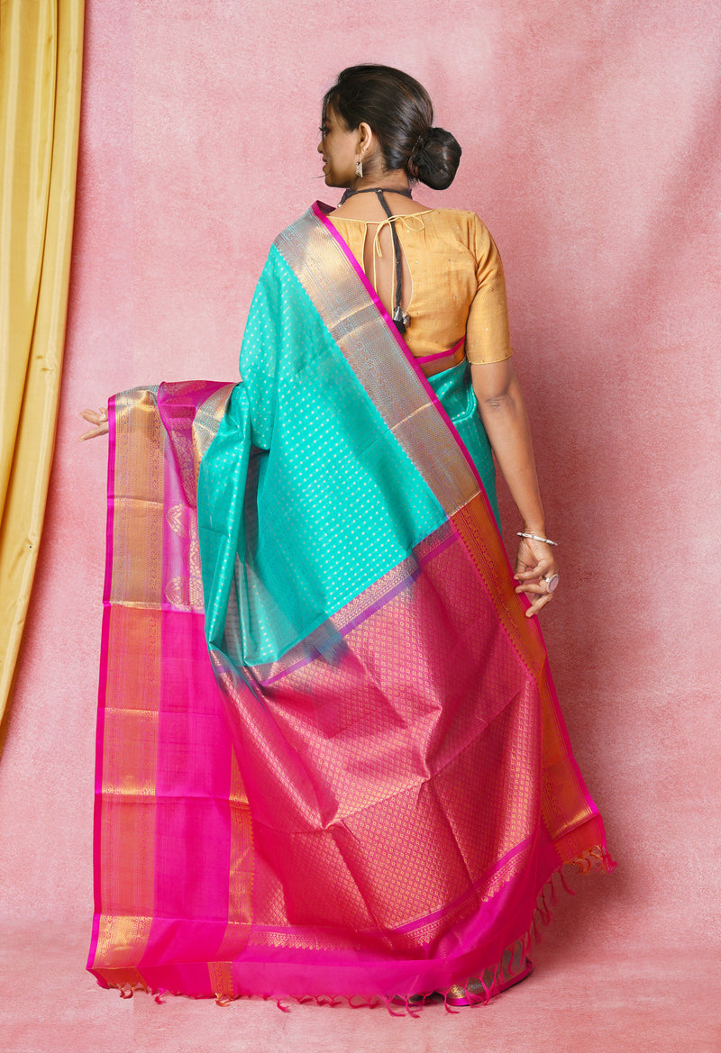 Turquoise Blue-Pink Pure Handloom Kanjivaram Silk Saree-UNM74254