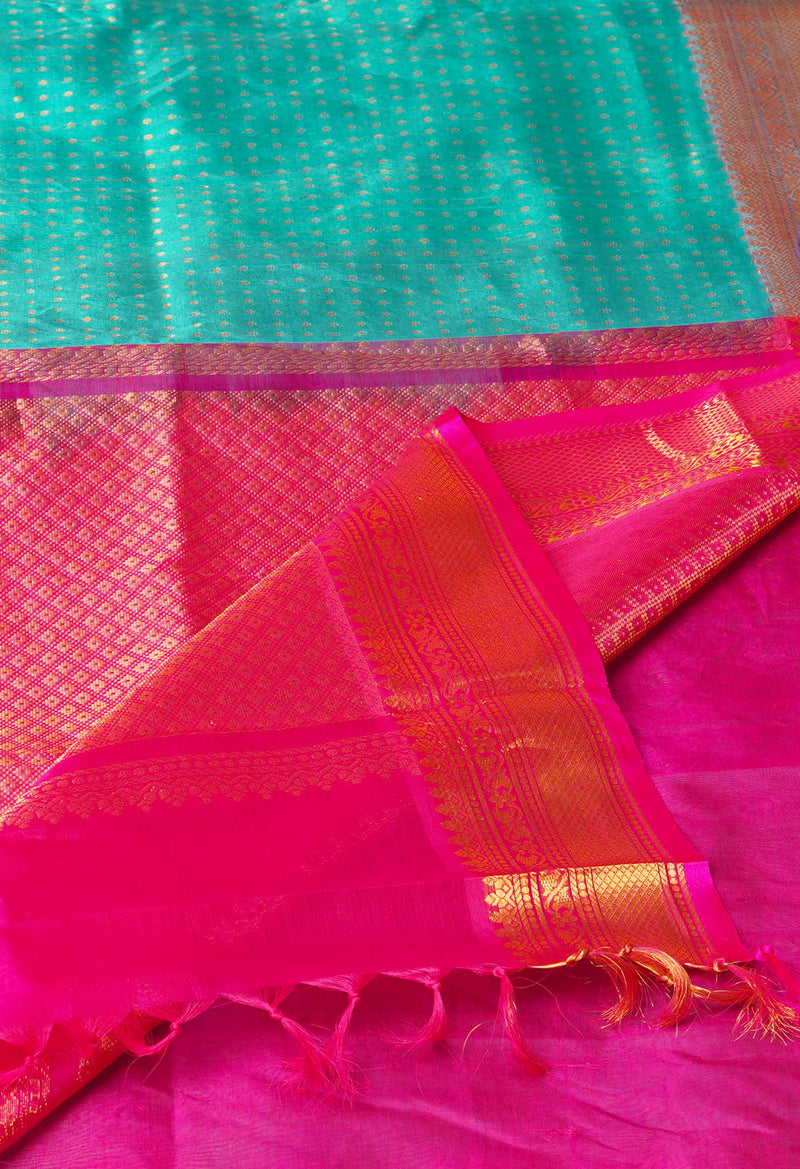 Turquoise Blue-Pink Pure Handloom Kanjivaram Silk Saree-UNM74254