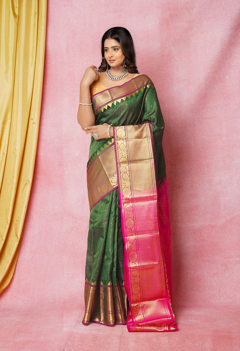 Green-Purple Pure Handloom Kanjivaram With Checks Weaving Silk Saree-UNM74258