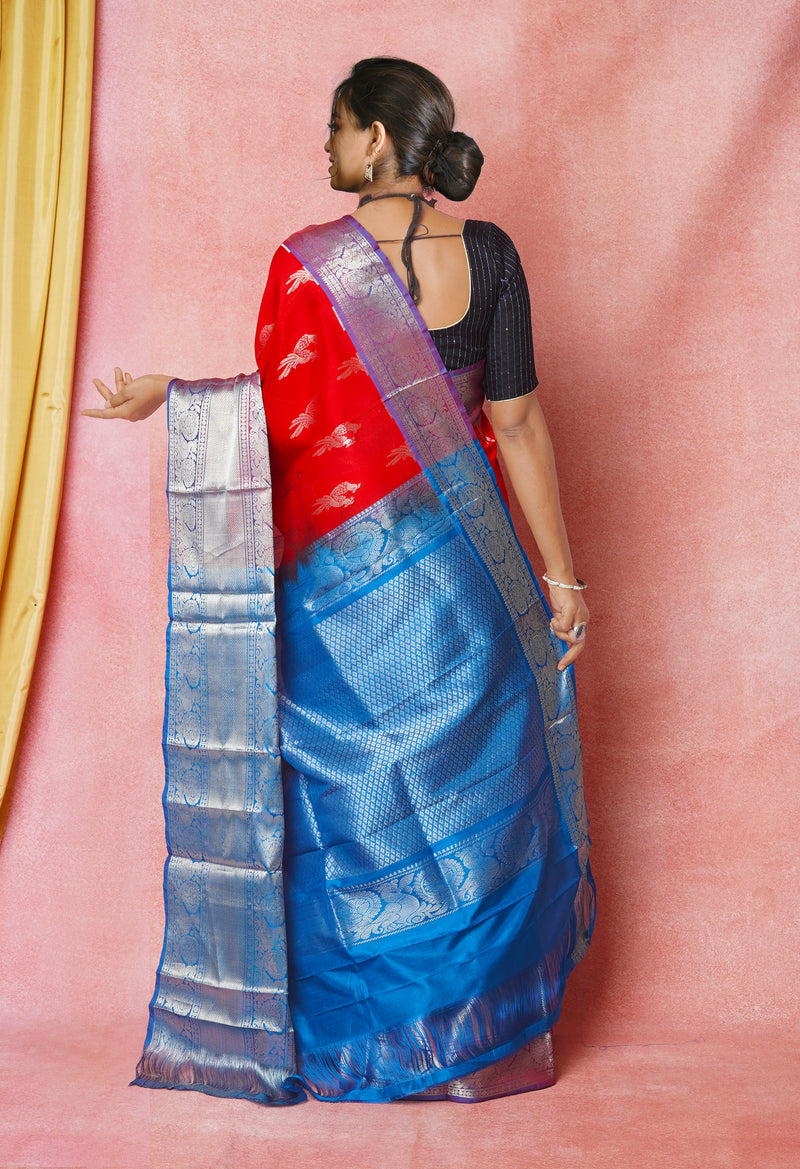 Red-Blue Pure Handloom Kanjivaram Silk Saree-UNM74260