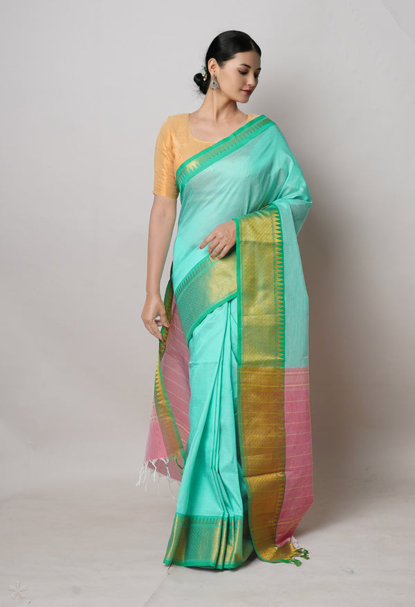Green Pure Handloom Narayanpet Silk Saree-UNM74275