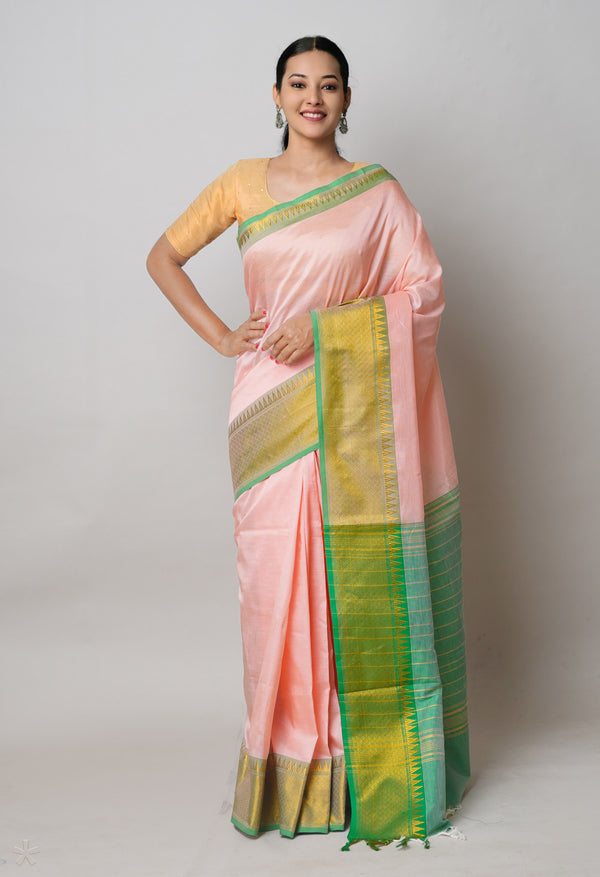 Peach Pink Pure Handloom Narayanpet Silk Saree-UNM74276