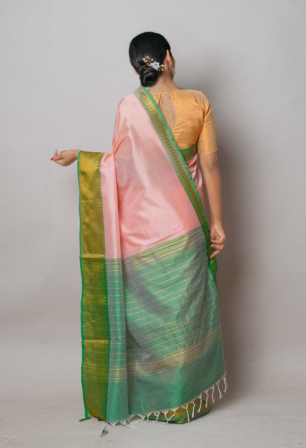 Peach Pink Pure Handloom Narayanpet Silk Saree-UNM74276