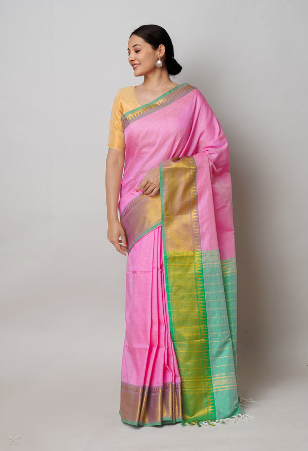 Pink Pure Handloom Narayanpet Silk Saree-UNM74277