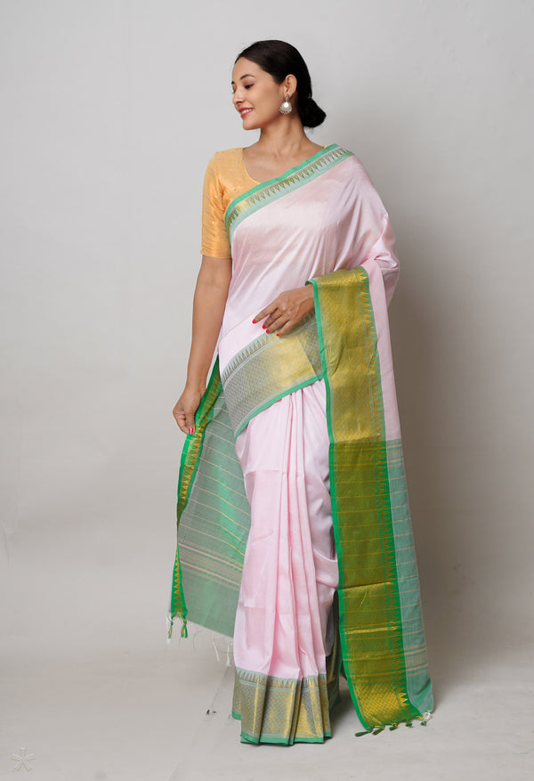 Light Baby Pink Pure Handloom Narayanpet Silk Saree-UNM74278