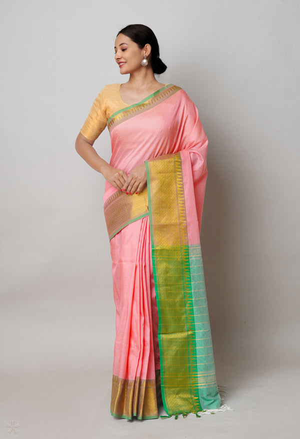 Coral Pink Pure Handloom Narayanpet Silk Saree-UNM74281
