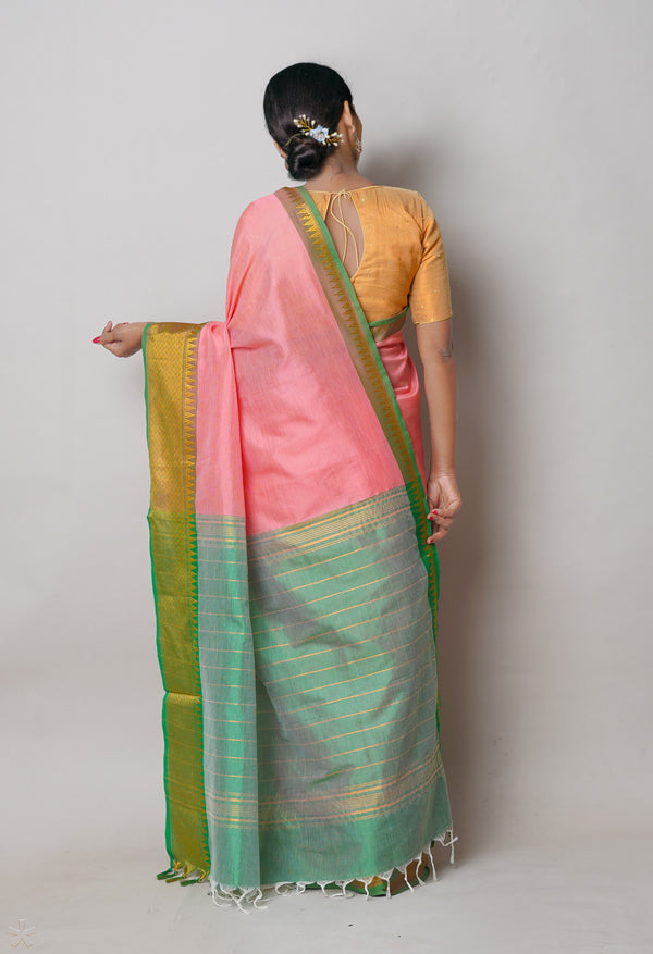 Coral Pink Pure Handloom Narayanpet Silk Saree-UNM74281