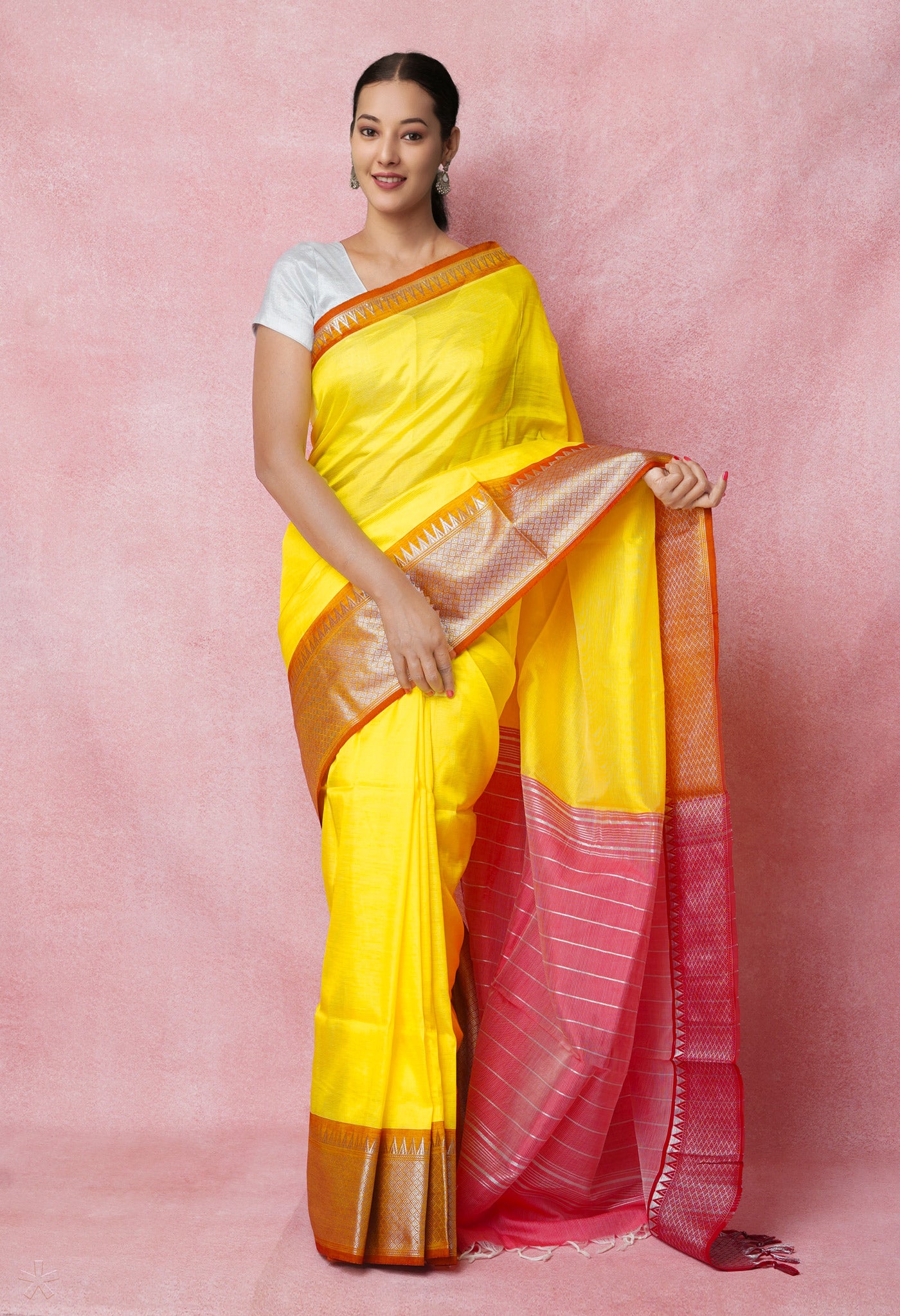Yellow Pure Handloom Narayanpet Silk Saree-UNM74289
