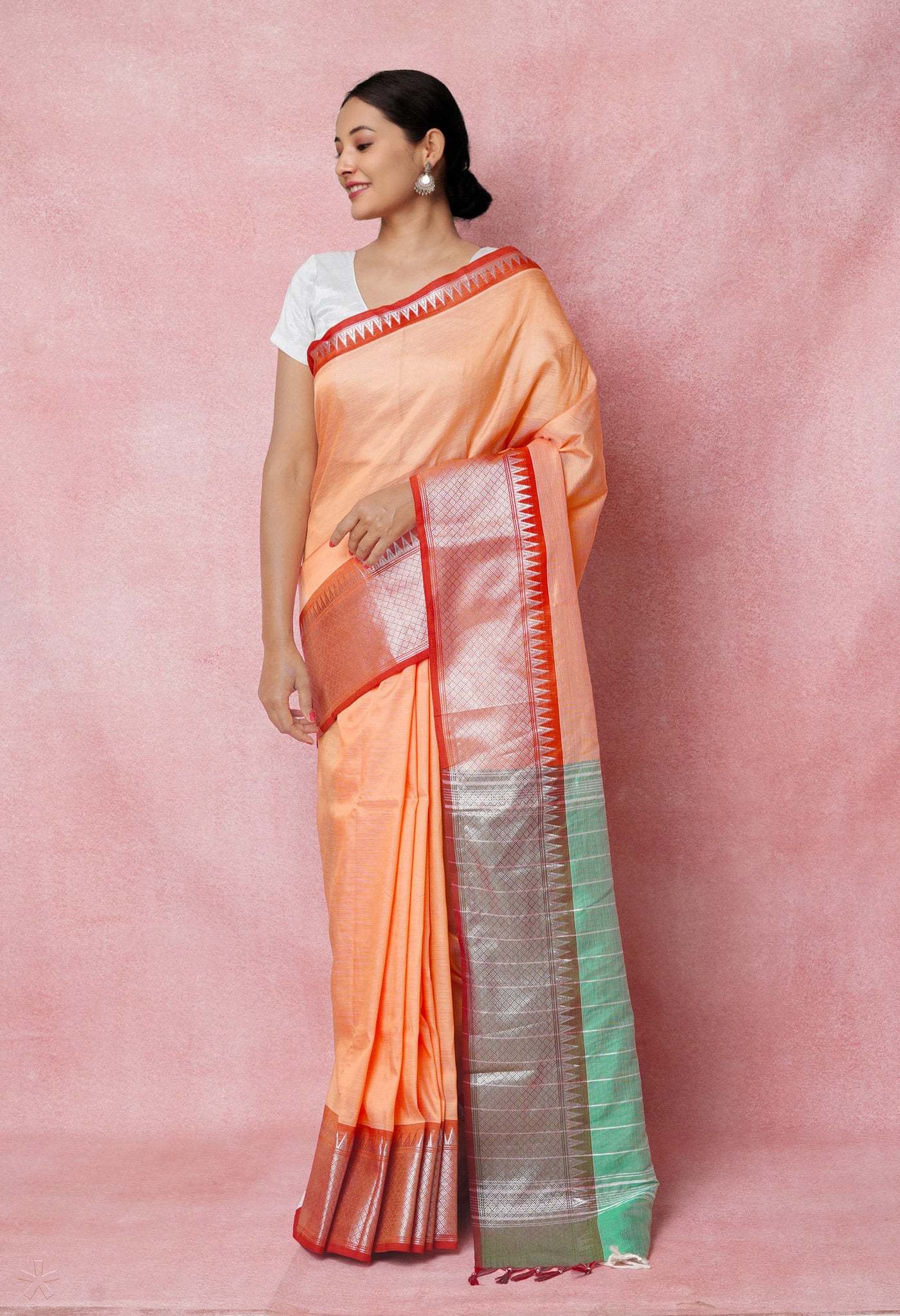 Peach Orange Pure Handloom Narayanpet Silk Saree