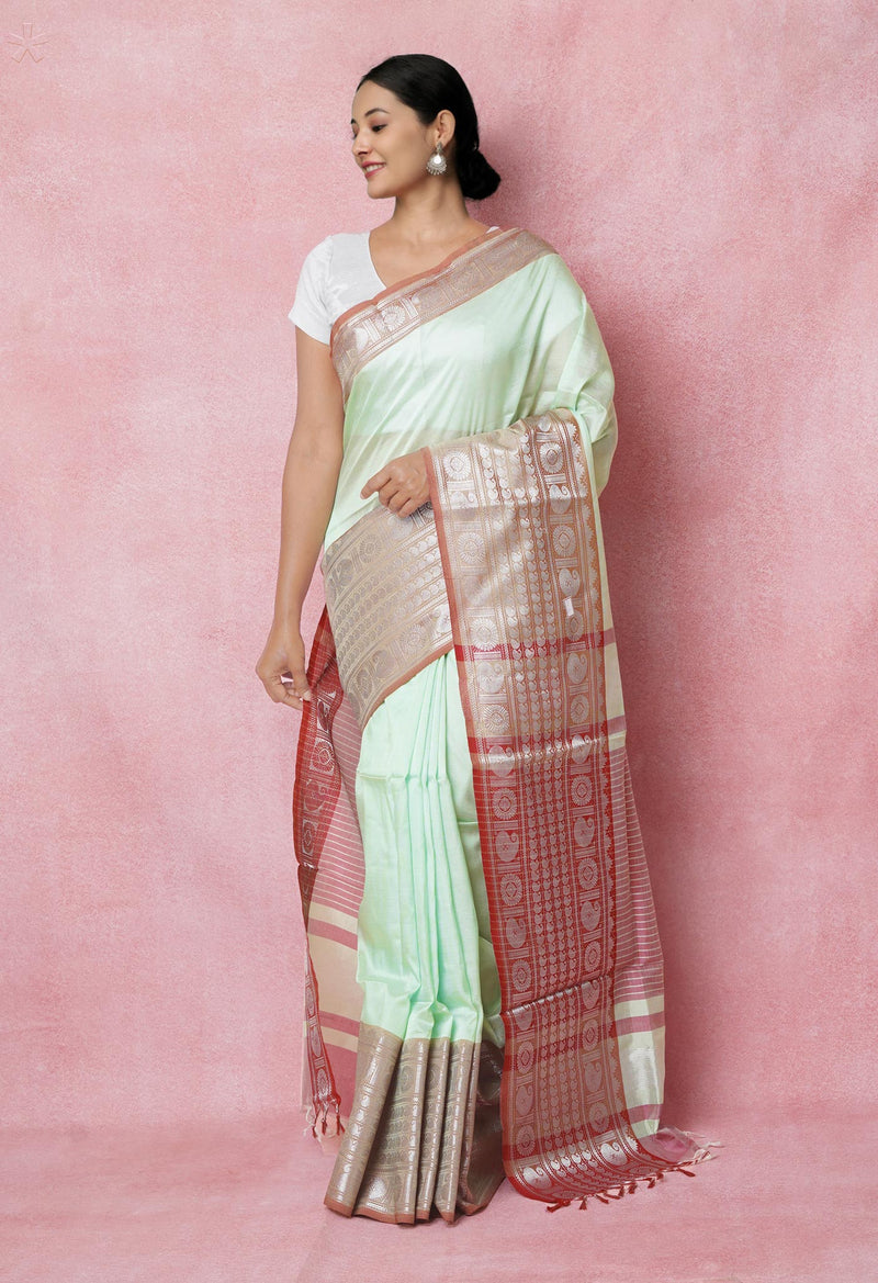 Light Pastel Geen Pure Handloom Narayanpet Silk Saree-UNM74301