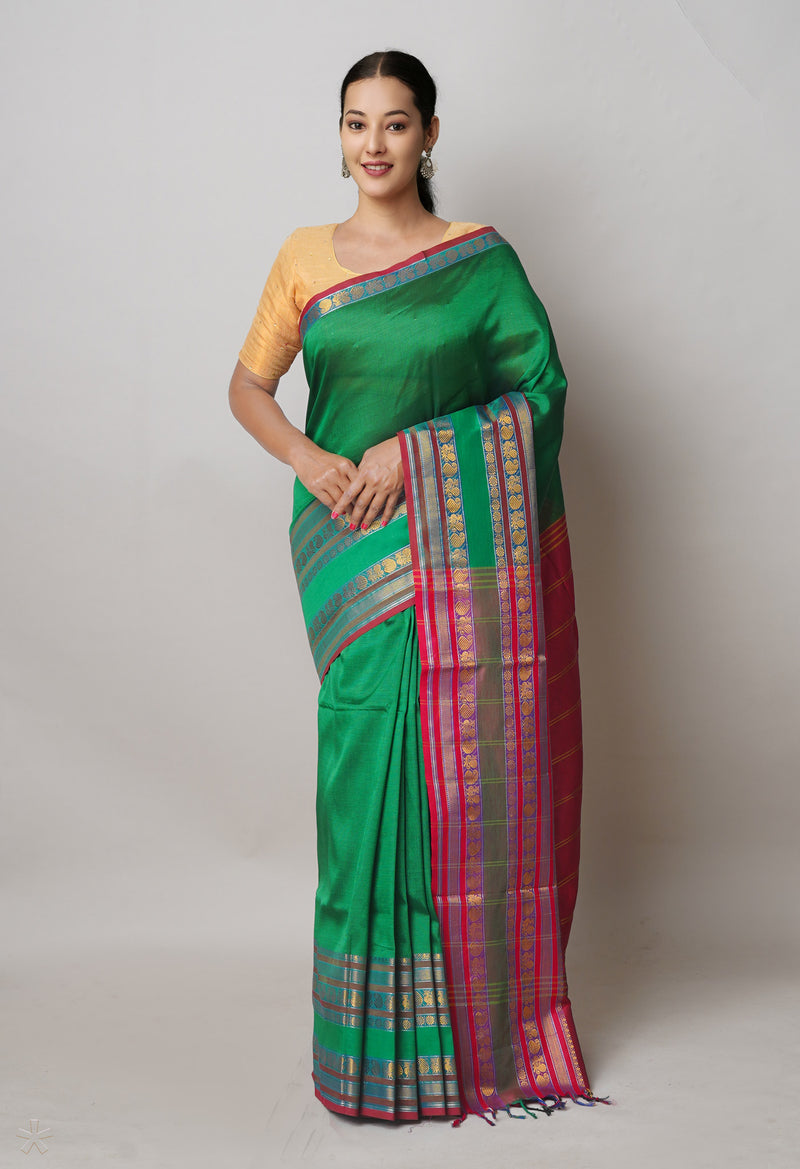 Green Pure Handloom Narayanpet Silk Saree-UNM74317