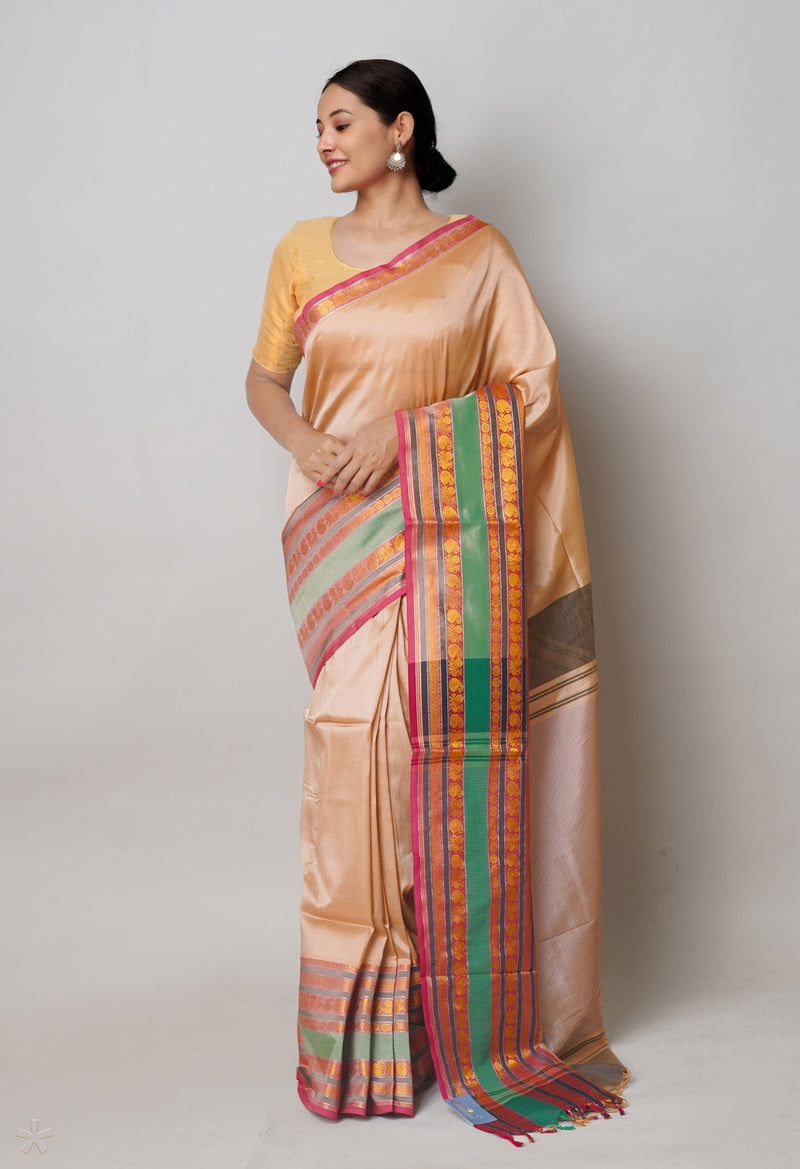 Cream Pure Handloom Narayanpet Silk Saree-UNM74320