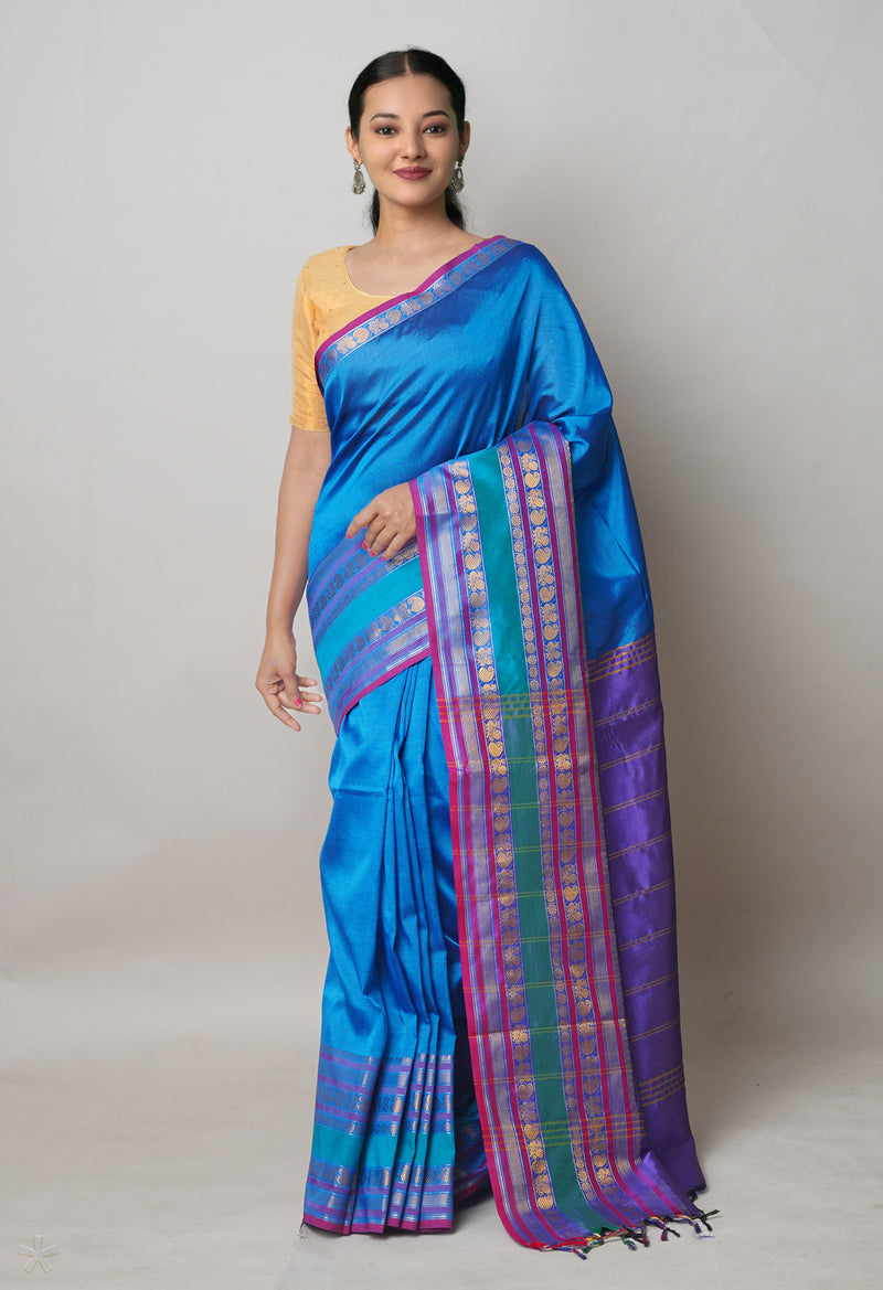 Blue Pure Handloom Narayanpet Silk Saree-UNM74321