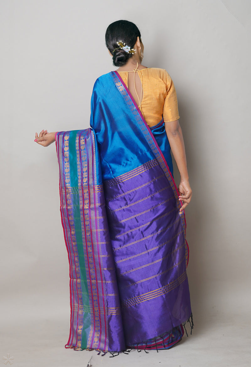 Blue Pure Handloom Narayanpet Silk Saree-UNM74321