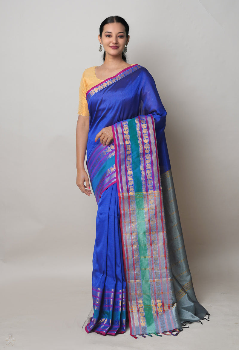 Dark Blue Pure Handloom Narayanpet Silk Saree-UNM74324