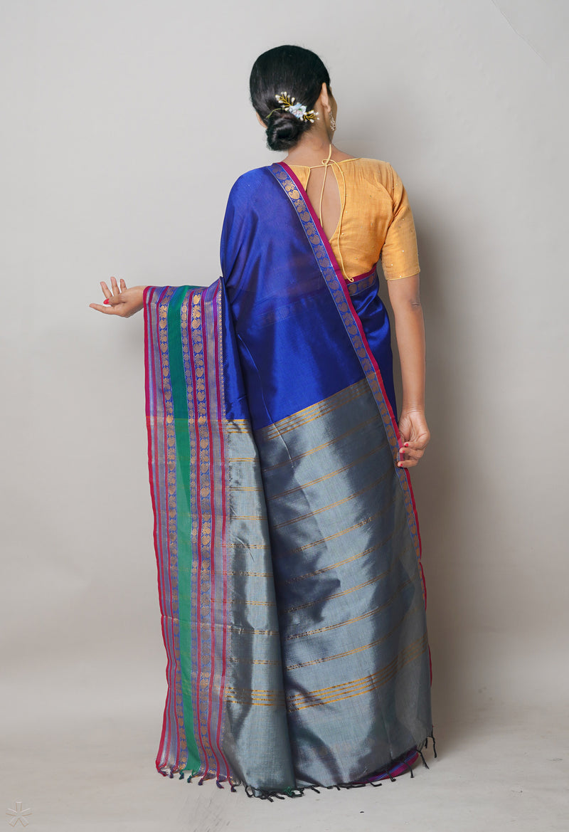 Dark Blue Pure Handloom Narayanpet Silk Saree-UNM74324