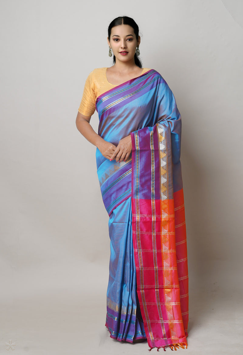 Peacock Blue Pure Handloom Chettinad Silk Saree-UNM74349