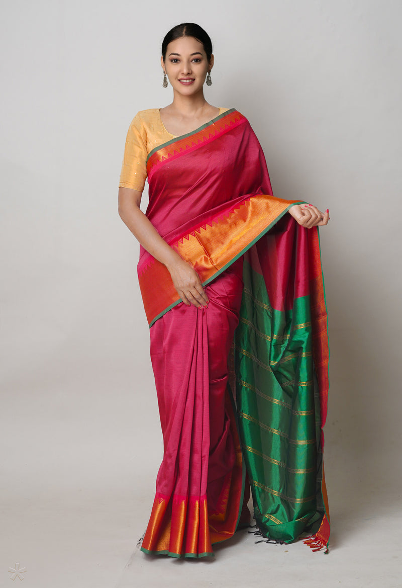 Maroon Pure Handloom Narayanpet Silk Saree-UNM74356