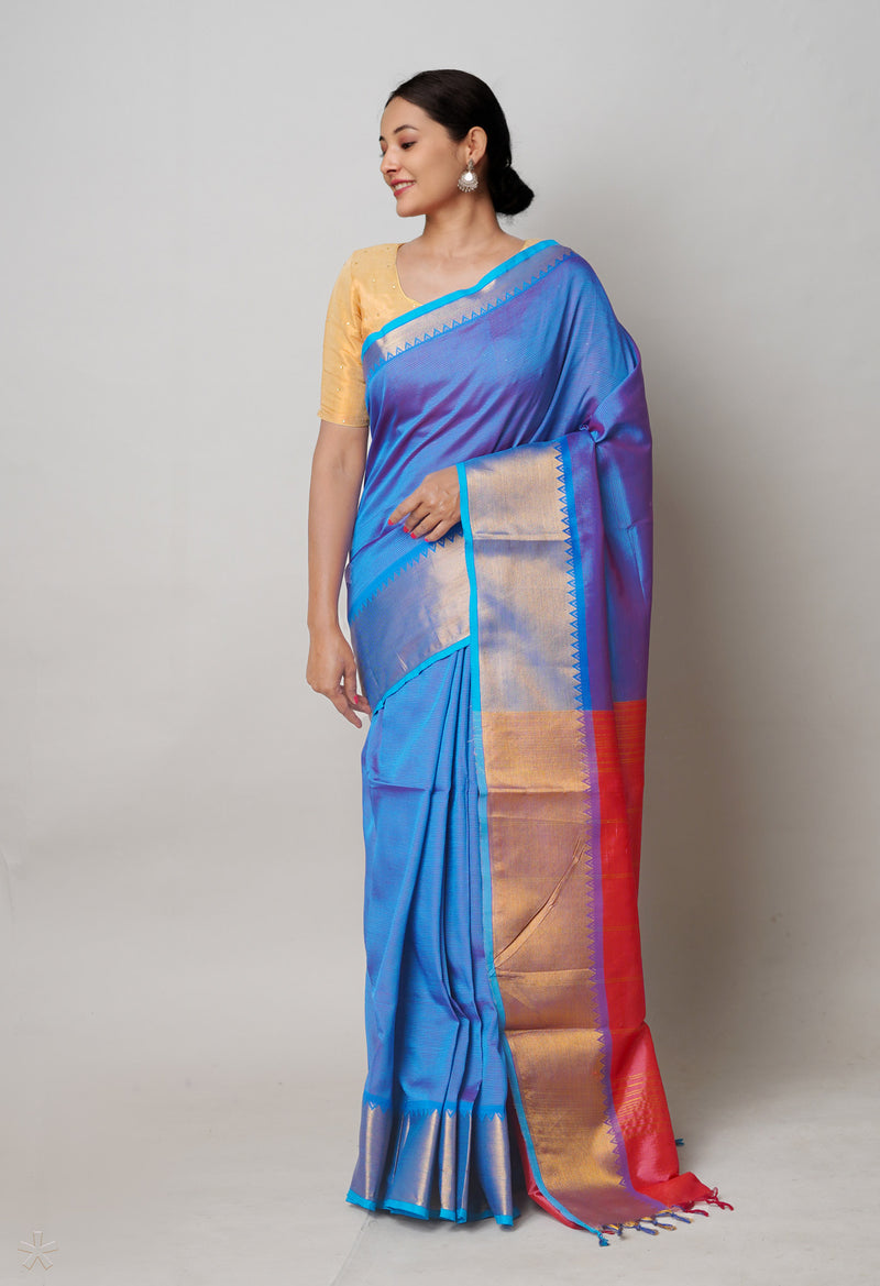 Dark Blue Pure Handloom Narayanpet Silk Saree-UNM74358