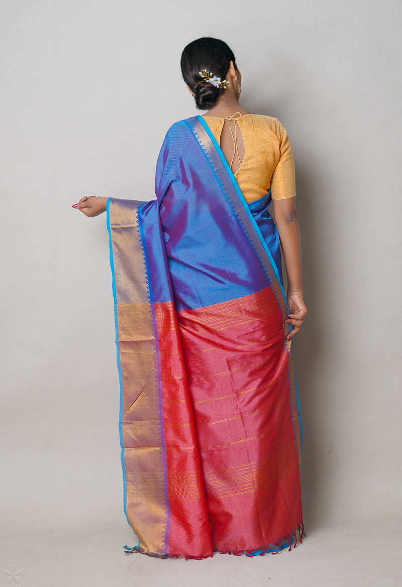 Dark Blue Pure Handloom Narayanpet Silk Saree-UNM74358
