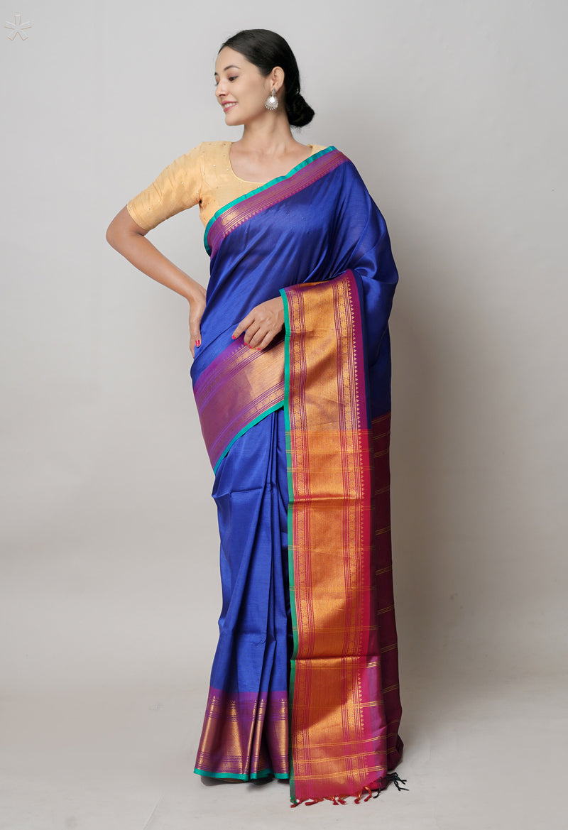 Dark Blue Pure Handloom Narayanpet Silk Saree-UNM74361