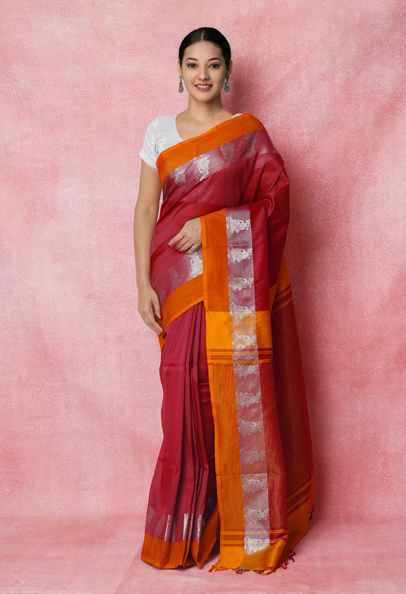 Maroon Pure Handloom Chettinad Silk Saree-UNM74367